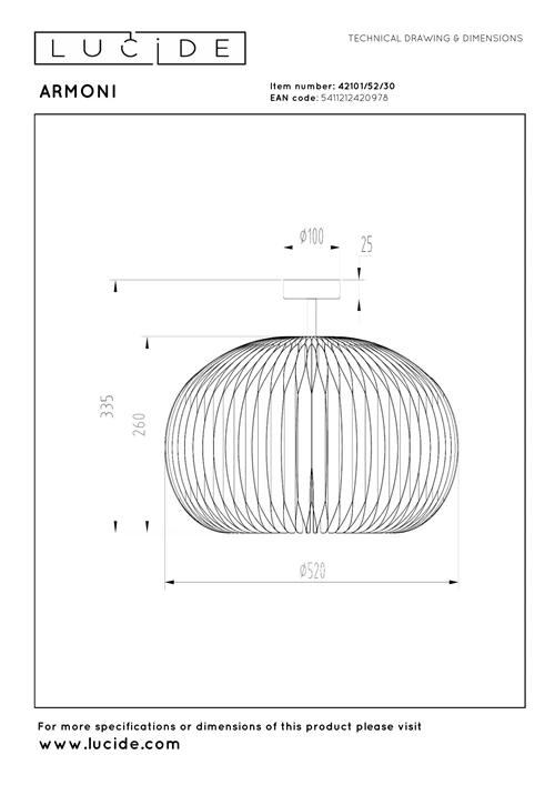 Lucide ARMONI - Plafonnière - Ø 52 cm - 1xE27 - Zwart - technisch